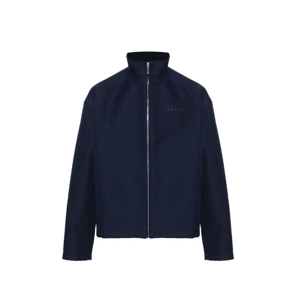Veste gucci blue marabou bleu marine avec logo brodé discret et fermeture éclair argentée complète