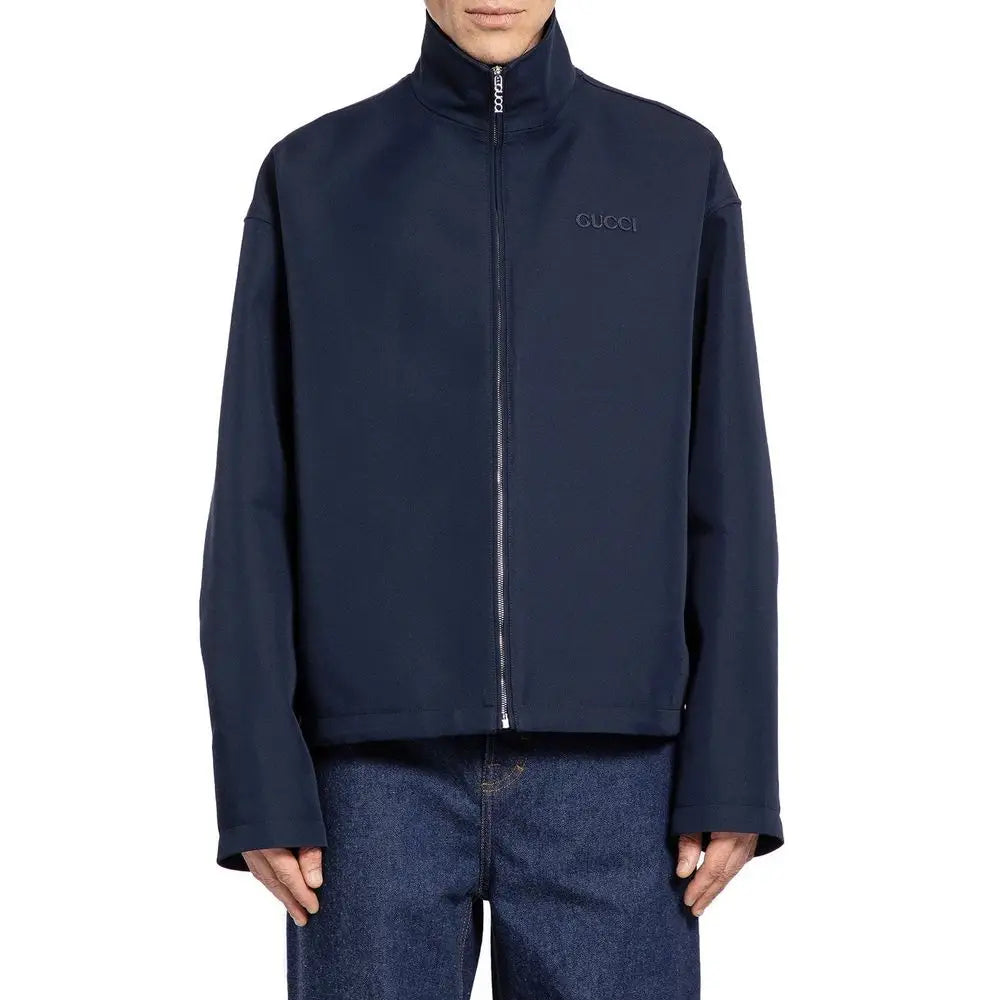 Veste zippée gucci bleu marine avec logo brodé discret et fermeture éclair métallique, modèle blue marabou