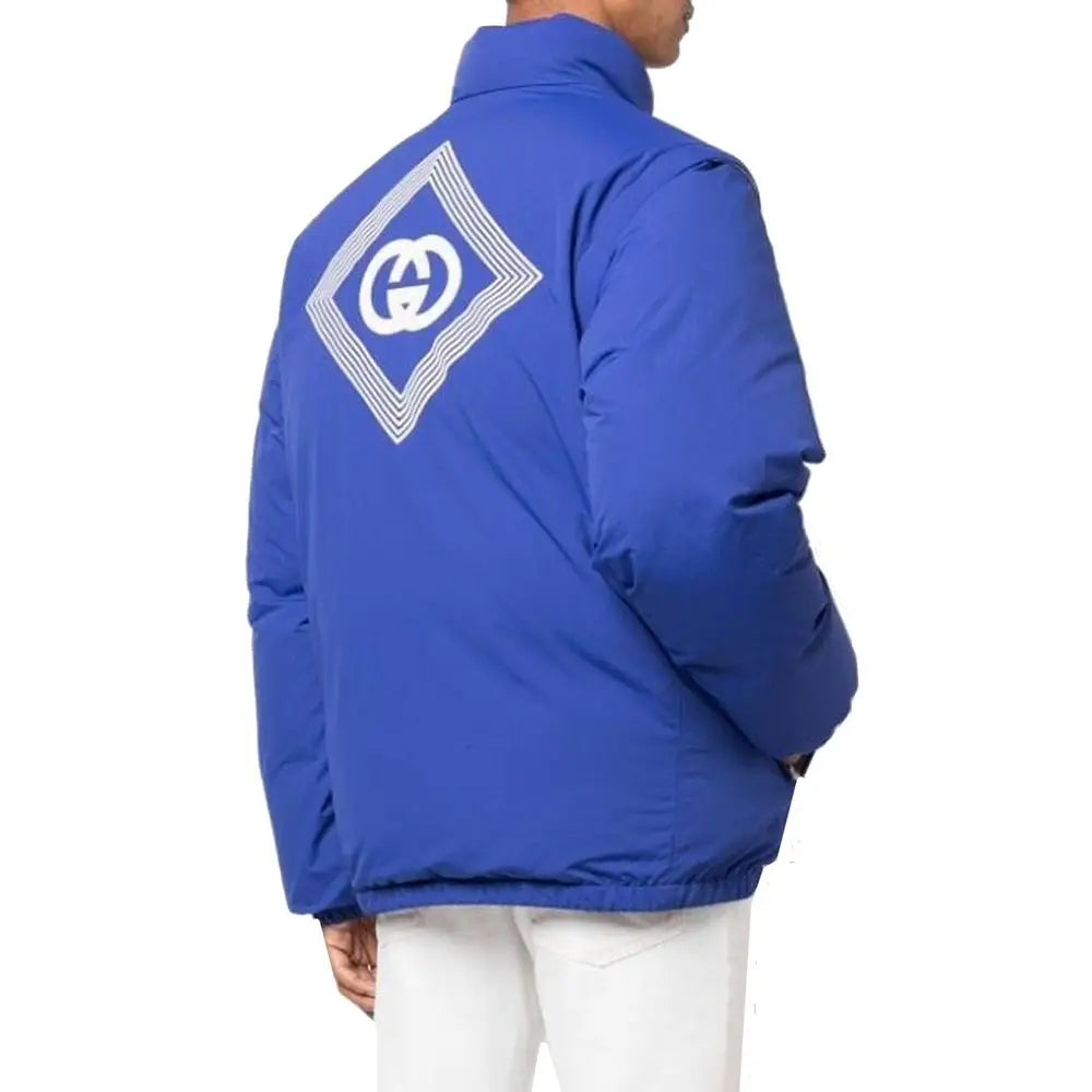 Veste matelassée bleue royale gucci en polyamide avec logo blanc en losange intercalé gs au dos complet