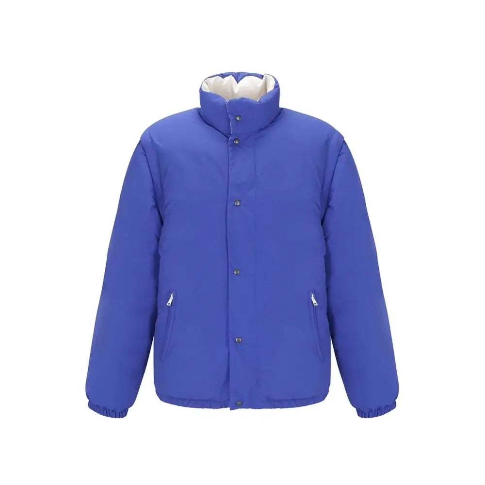 Veste matelassée gucci bleu royal vif en polyamide avec col haut boutonnière et poignets côtelés pleine longueur