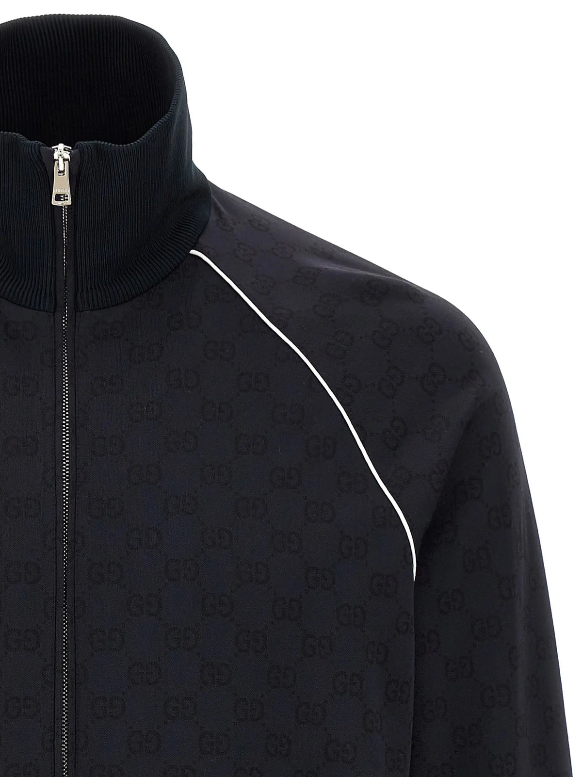 Veste de sport noire gucci en polyamide bleu avec motif logo subtil répété et passepoil blanc le long des coutures