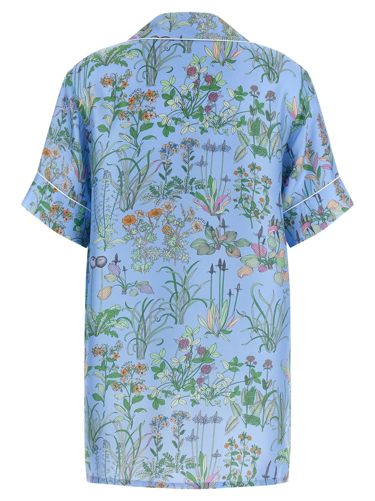 Chemise de pyjama bleu clair manches courtes en soie gucci avec imprimé botanique détaillé vert orange et violet