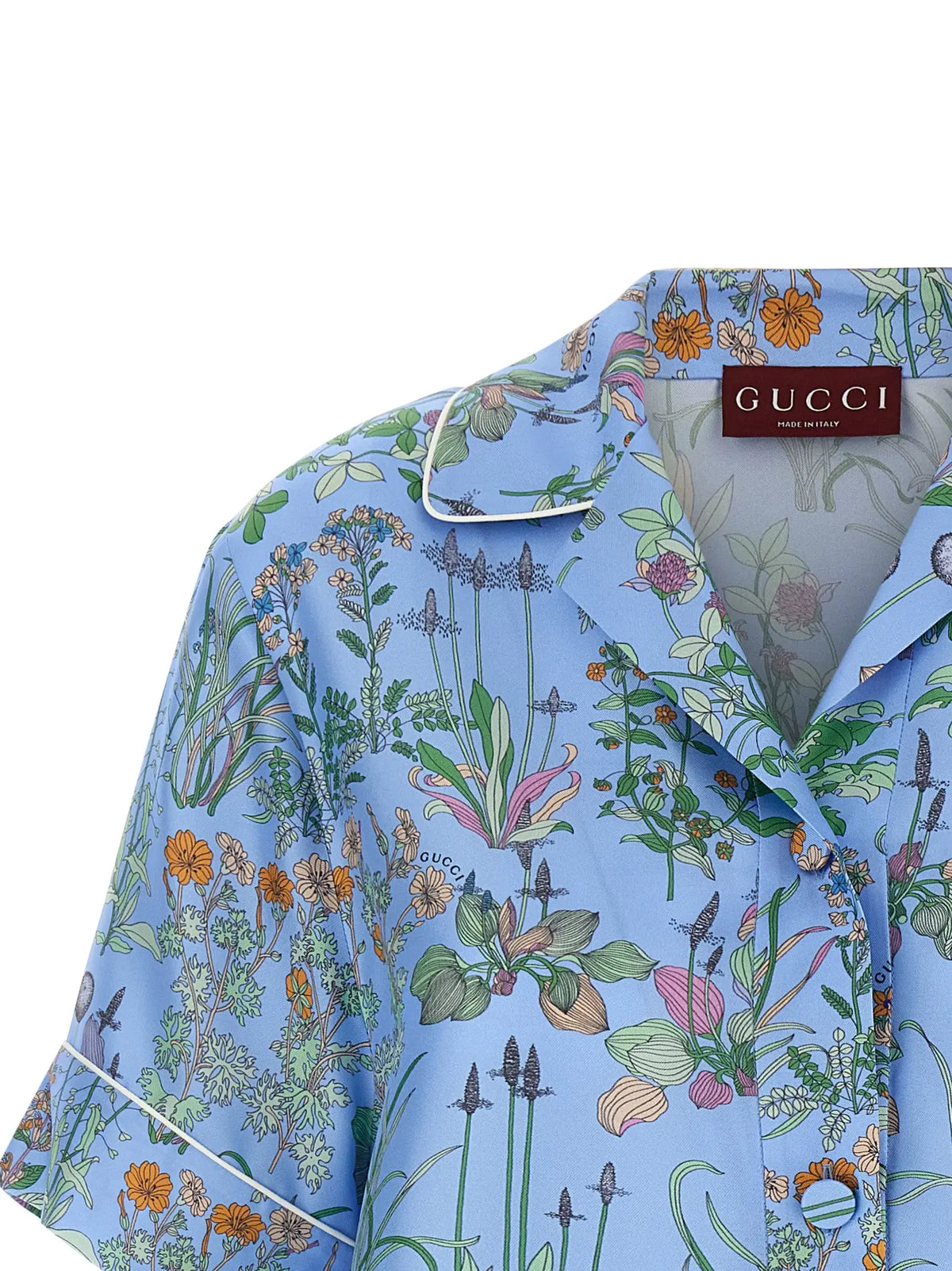 Chemise en soie Gucci bleue avec imprimé botanique orange rose et vert style pyjama