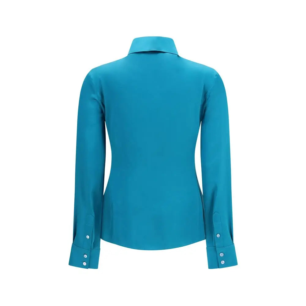 Gucci blue silk dress shirt femme bleu canard manches longues col classique boutons assortis aux poignets