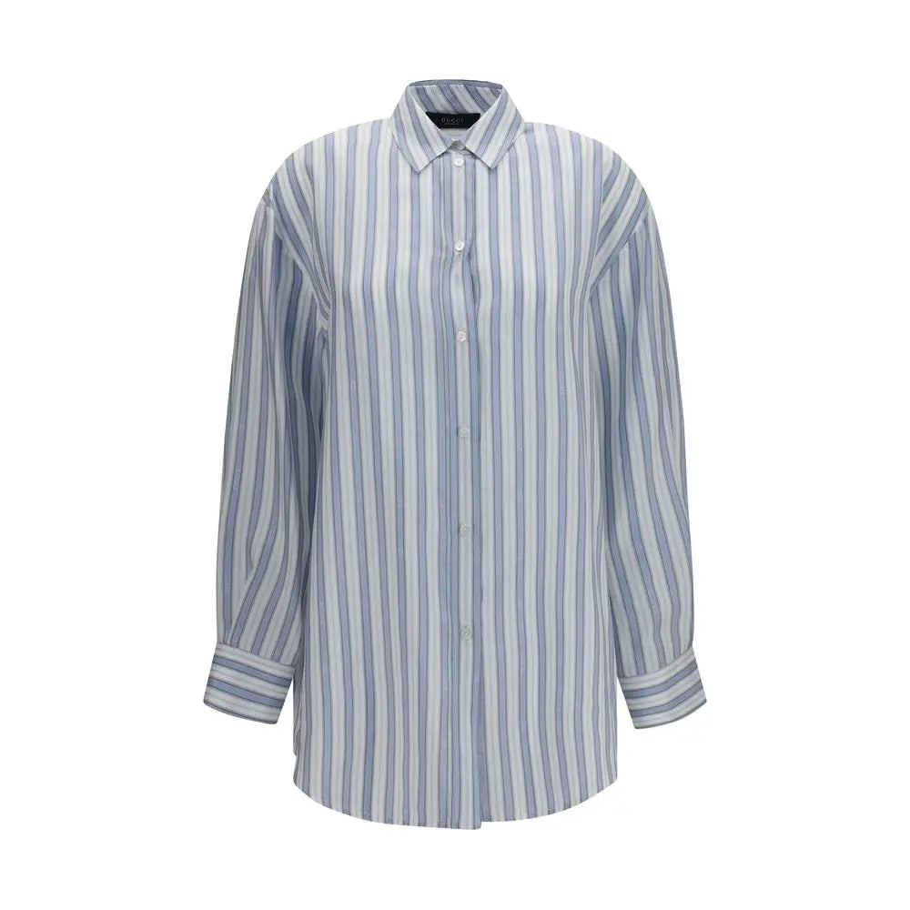 Chemise gucci bleue en soie pour femme à rayures bleu clair et blanc avec col classique et manches longues retroussées