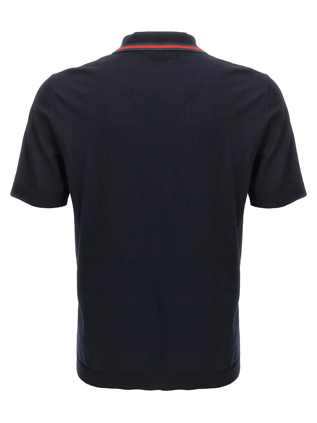 Polo gucci bleu en laine avec col côtelé noir orné de rayures rouges et vertes