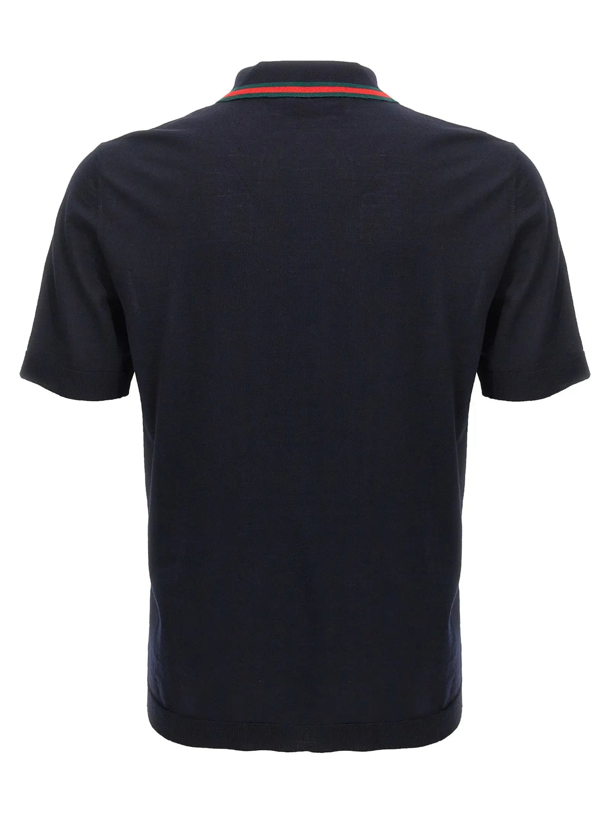 Polo gucci bleu en laine avec col côtelé noir orné de rayures rouges et vertes