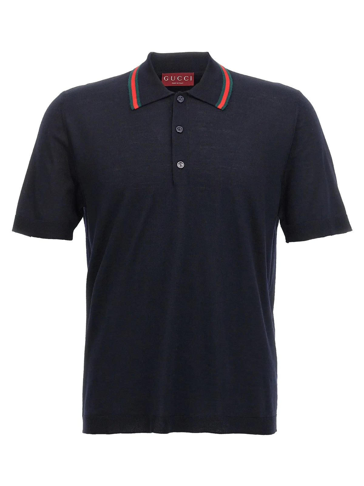 Polo en laine bleu gucci avec col noir orné de bandes rouges et vertes