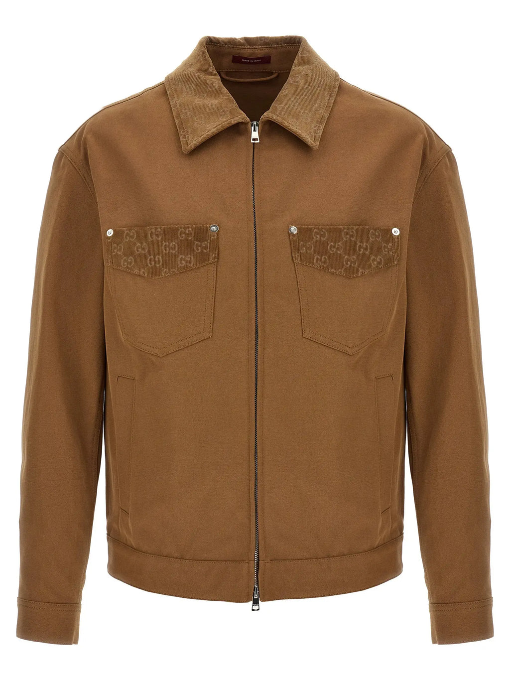 Veste gucci marron en coton avec logo gg sur les poches poitrine et le col pleine longueur