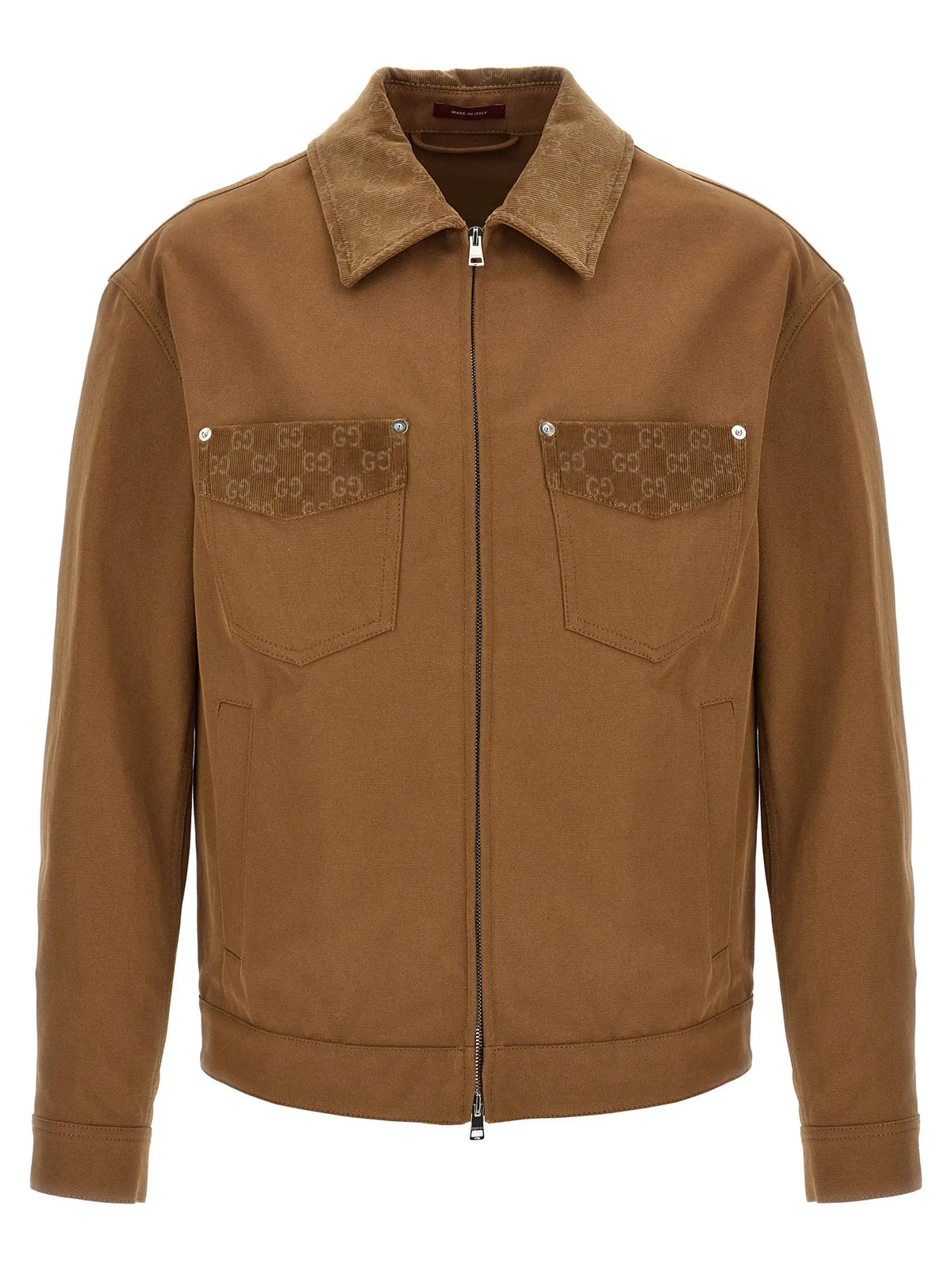 Veste gucci marron en coton avec logo gg sur les poches poitrine et le col pleine longueur