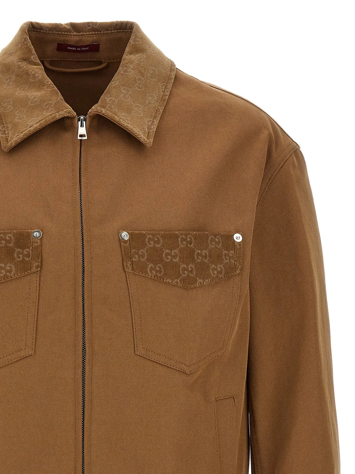 Veste gucci marron en coton avec motif gucci gg subtil sur poches poitrine et doublure col en velours côtelé