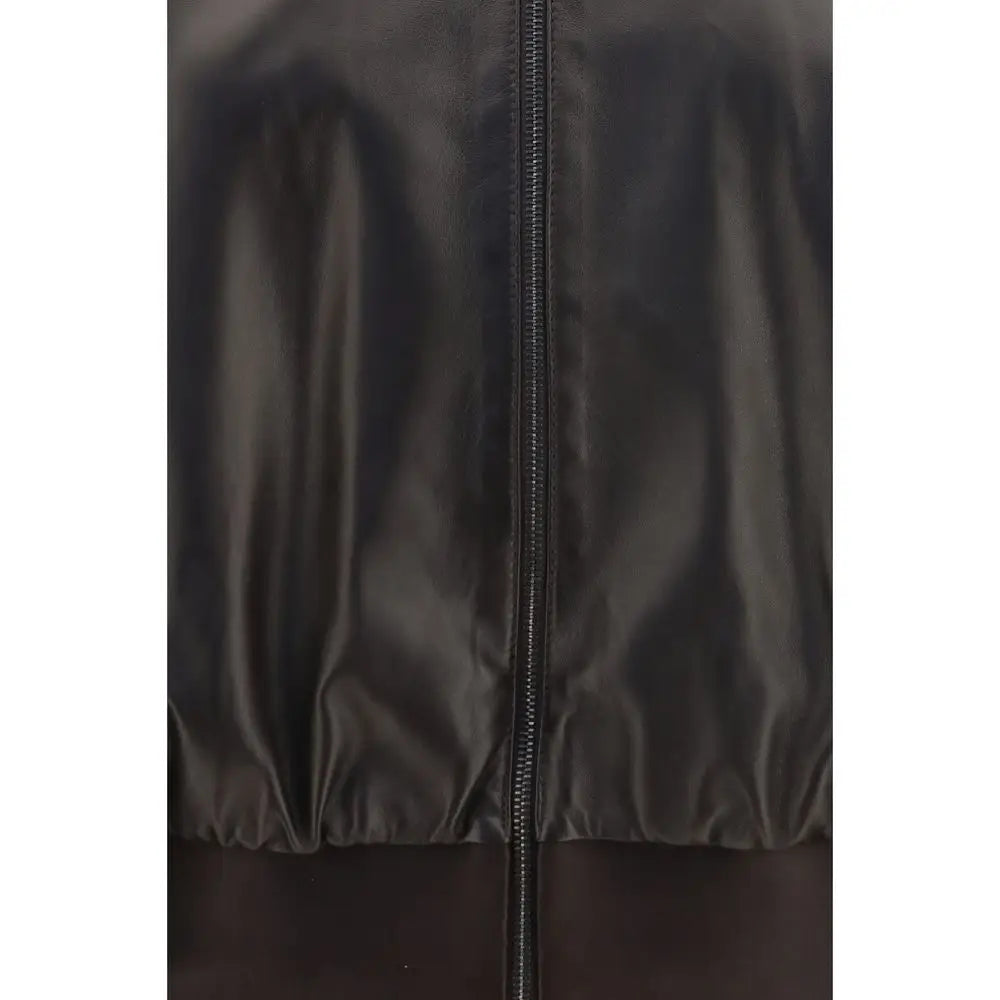 Veste bomber gucci brown lamb ovis aries en satin noir avec fermeture éclair centrale