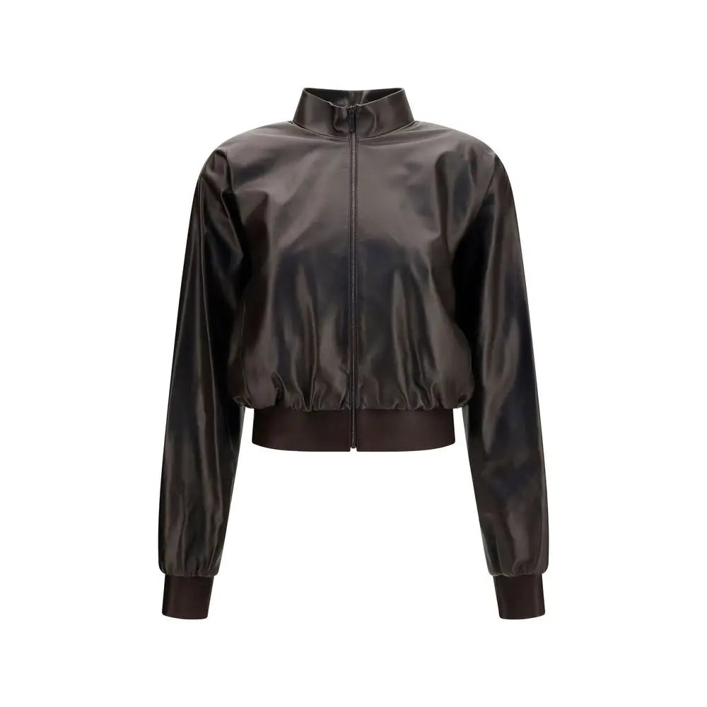 Veste bomber gucci brown lamb ovis aries noire mate avec col haut et fermeture eclair integrale