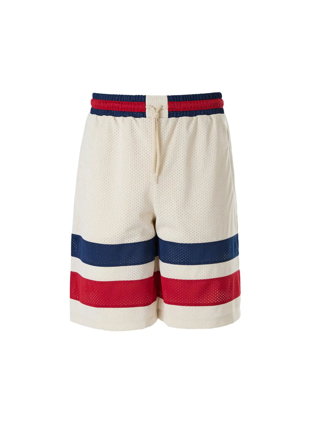 Shorts Gucci cream en polyester avec mesh crème et bandes rouges et bleu marine à l’ourlet et à la taille