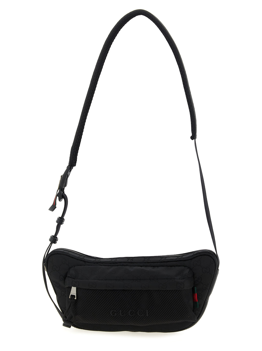 Sac à bandoulière noir en polyester de Gucci, vue détaillée du produit avec logo Gucci visible.