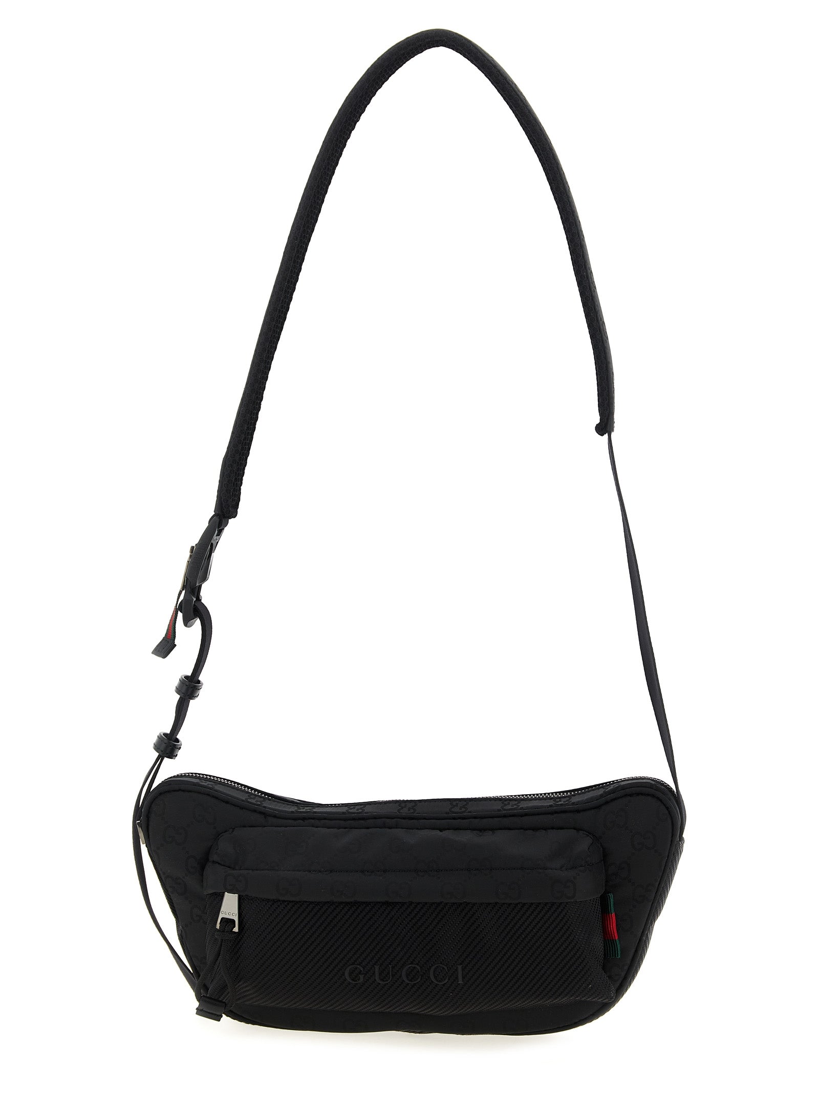 Sac à bandoulière noir en polyester de Gucci, vue détaillée du produit avec logo Gucci visible.