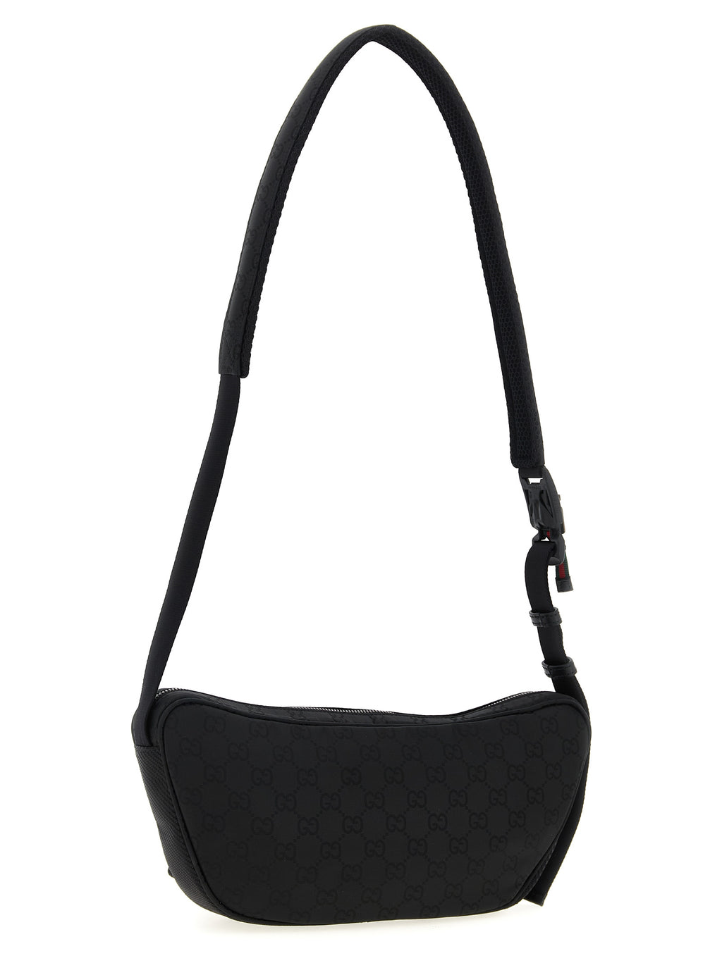 Sac à bandoulière en polyester noir de Gucci, avec logo et détails élégants visibles sur le sac.