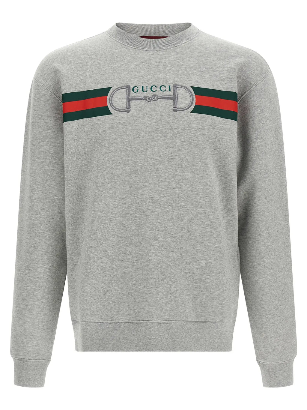 Sweatshirt gucci gris en coton avec bande rouge et verte rayée et logo cheval argenté sur la poitrine