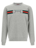 Sweatshirt gucci gris en coton avec bande rouge et verte rayée et logo cheval argenté sur la poitrine