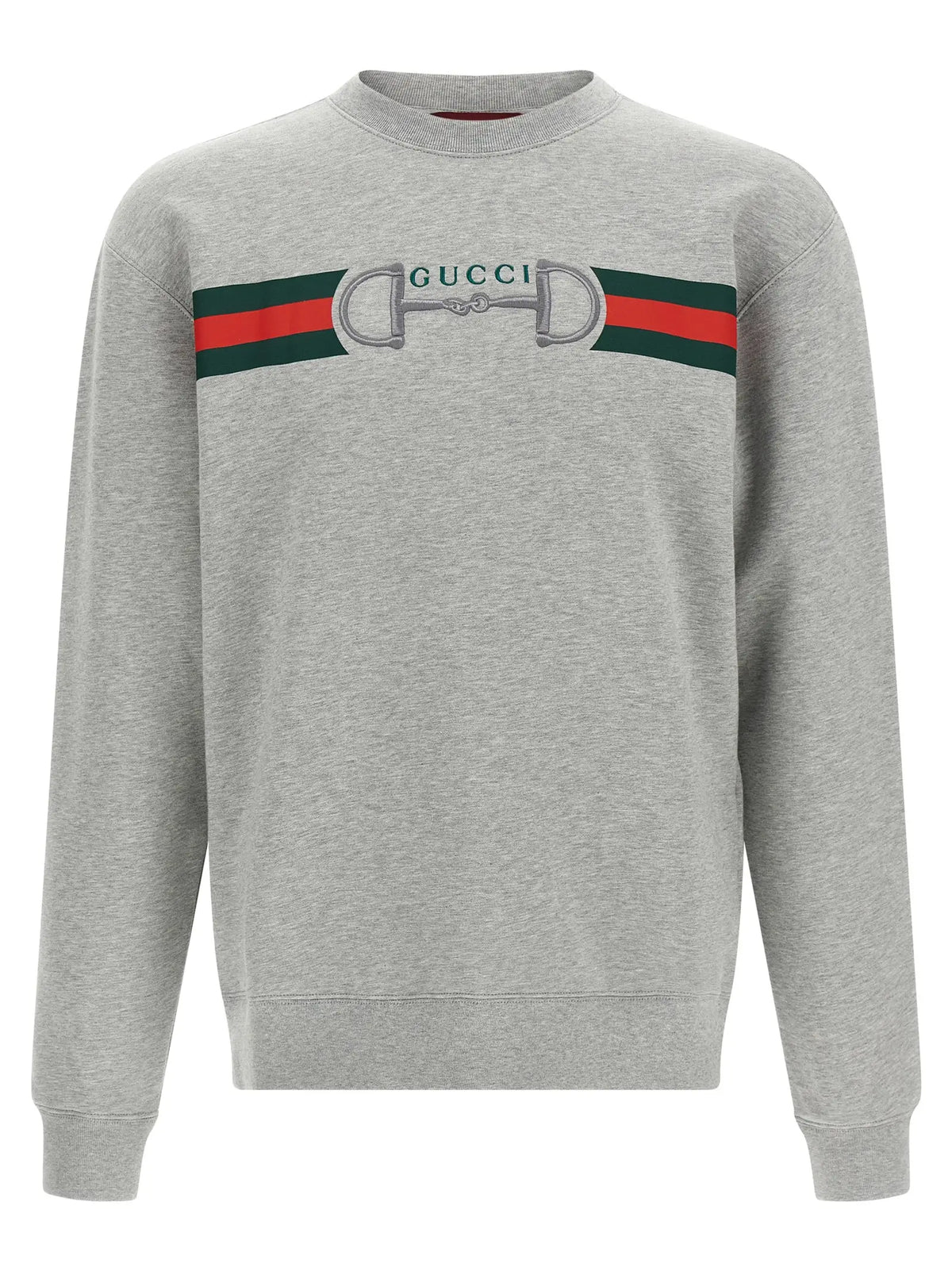 Sweatshirt gucci gris en coton avec bande rouge et verte rayée et logo cheval argenté sur la poitrine