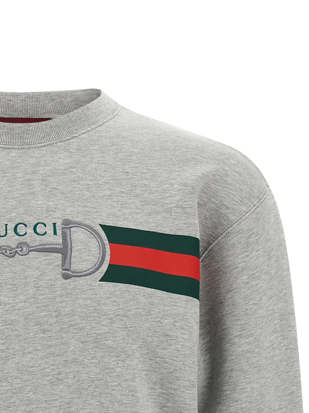 Sweatshirt gucci gris en coton avec logo métallique horsebit et bande rayée rouge et verte signature