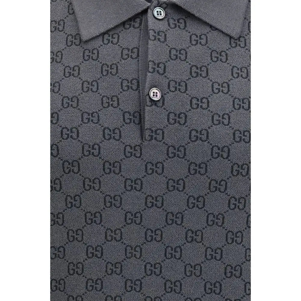 Polo gucci gris en laine avec motif monogramme g9 noir col classique et boutons blancs