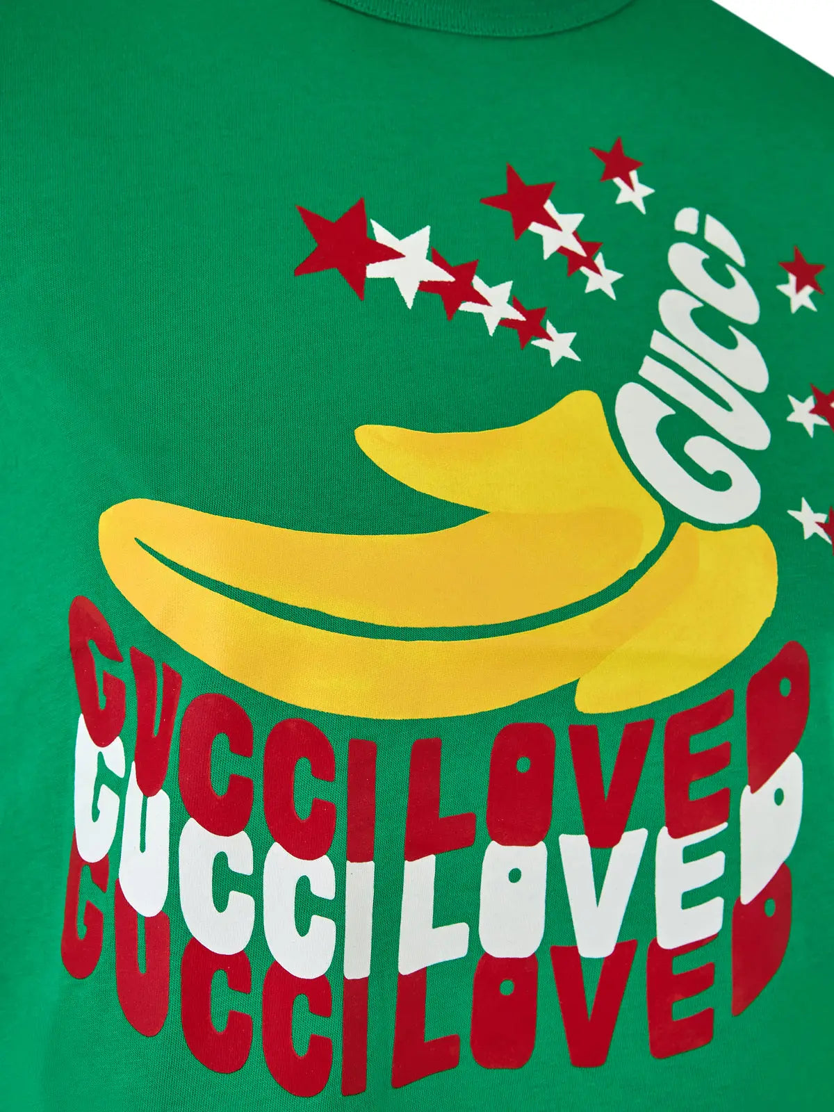 T-shirt vert en coton gucci avec grand motif banane jaune et étoiles rouges et blanches sur logo gucci blanc