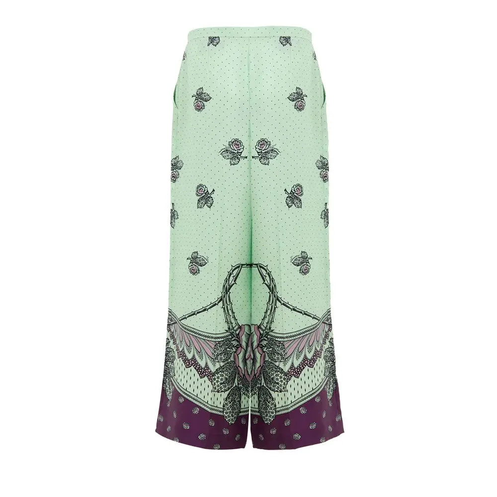 Pantalon large gucci en soie vert clair et violet avec motif floral délicat de roses avec épines