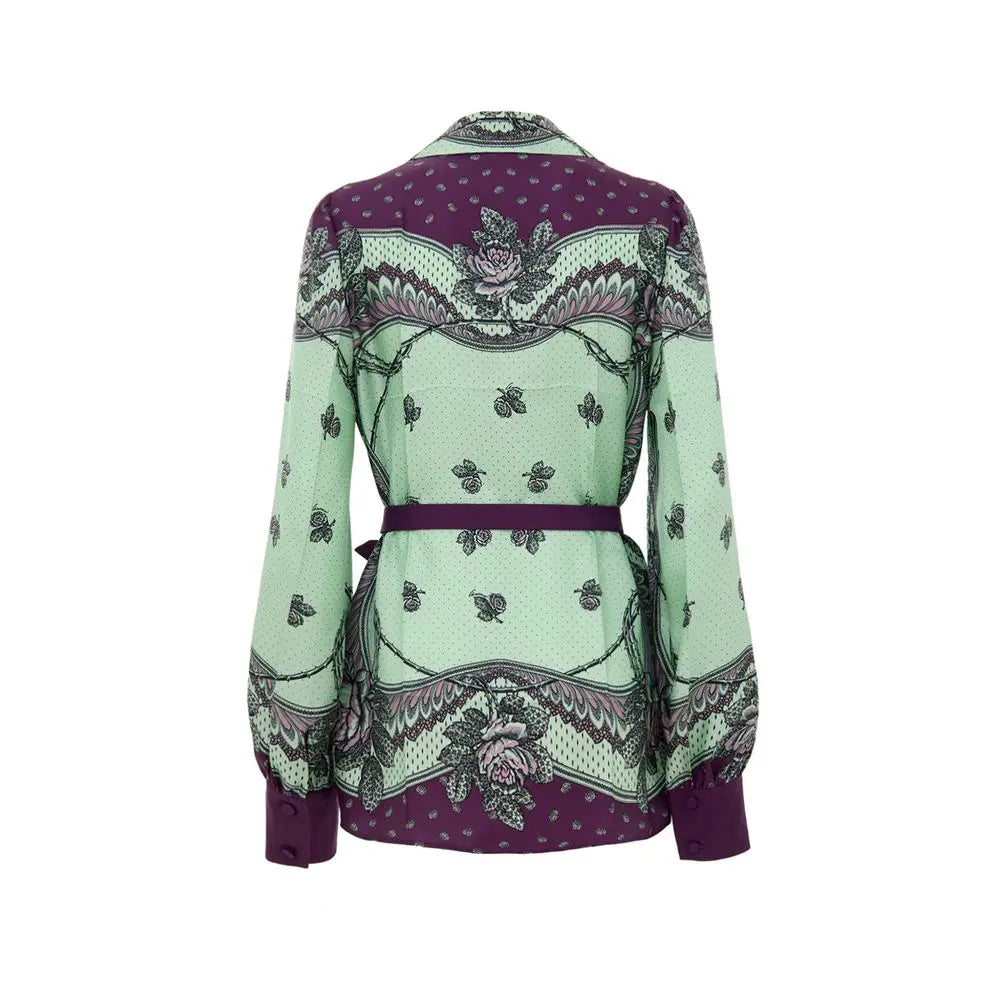 Chemise gucci verte en soie avec motif mint vert et violet broderie florale et taille ceinturée