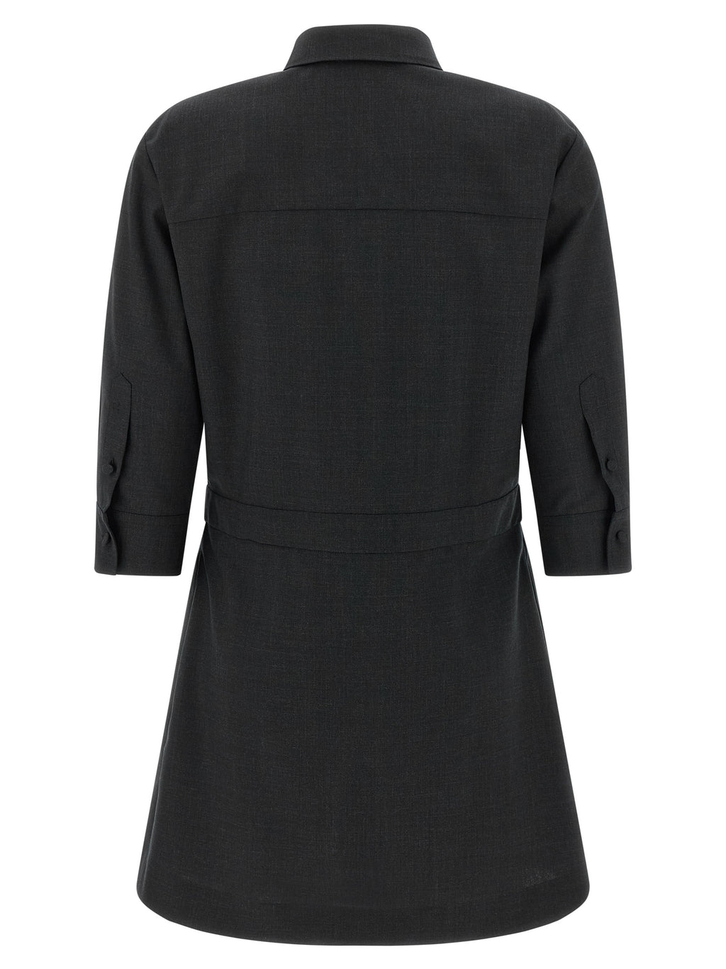Robe courte grise en laine de Gucci, détail élégant, coupe ajustée et tissu chaud, vue de face sur mannequin.