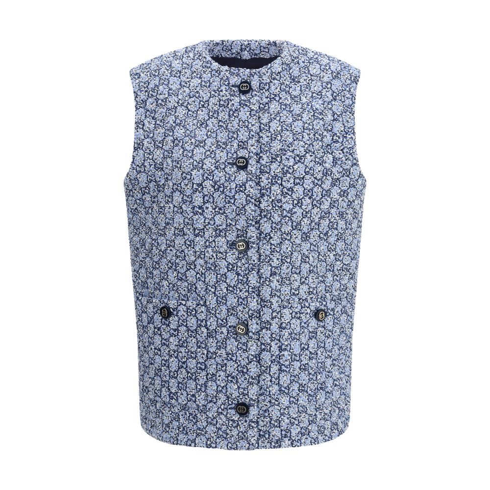 Veste sans manches en coton bleu de la marque Gucci, vue de face, détails du design et texture du tissu.