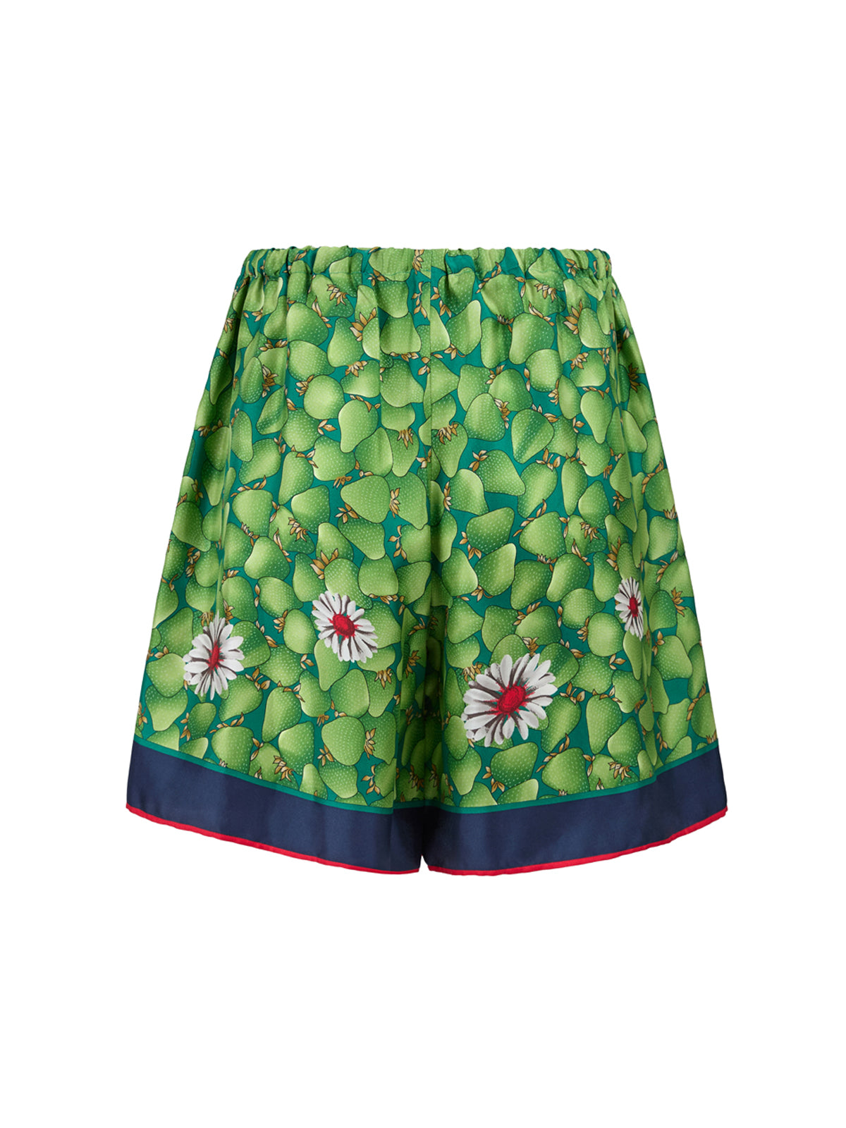Shorts en soie imprimés de fleurs vertes de Gucci, style élégant et confortable, parfaits pour l'été.