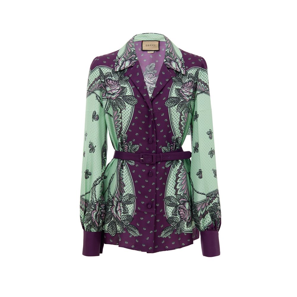 Chemise en soie verte Gucci avec motif floral, ajustée avec col classique et boutons, élégante et sophistiquée.