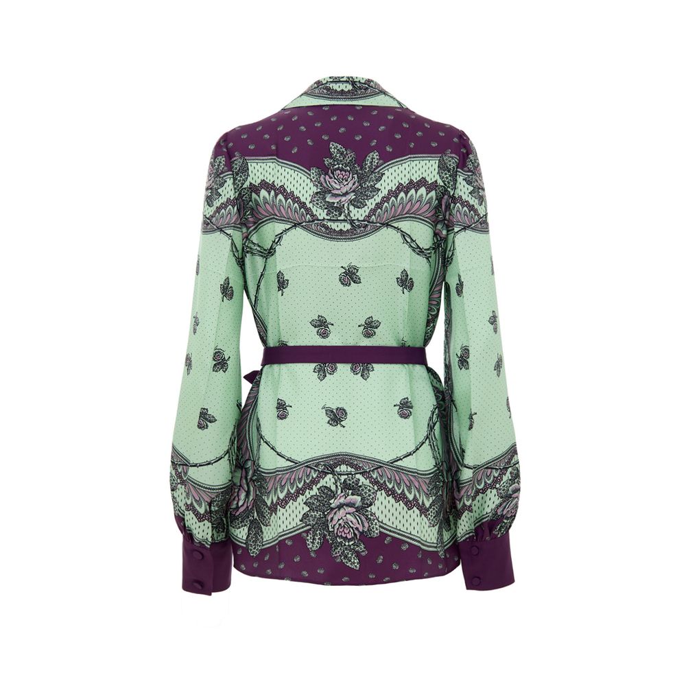 Chemise en soie verte Gucci avec motif élégant, tissu fluide et détails sophistiqués, vue de face.