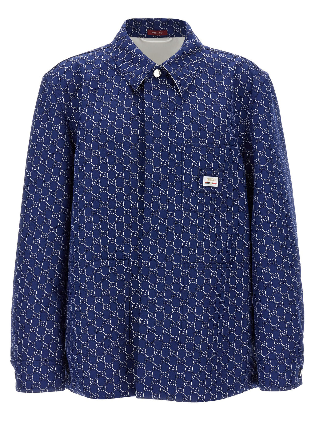 Veste en coton bleu Gucci pour motard, avec détails en cuir et fermeture éclair, mode élégante et tendance pour hommes ou femmes.