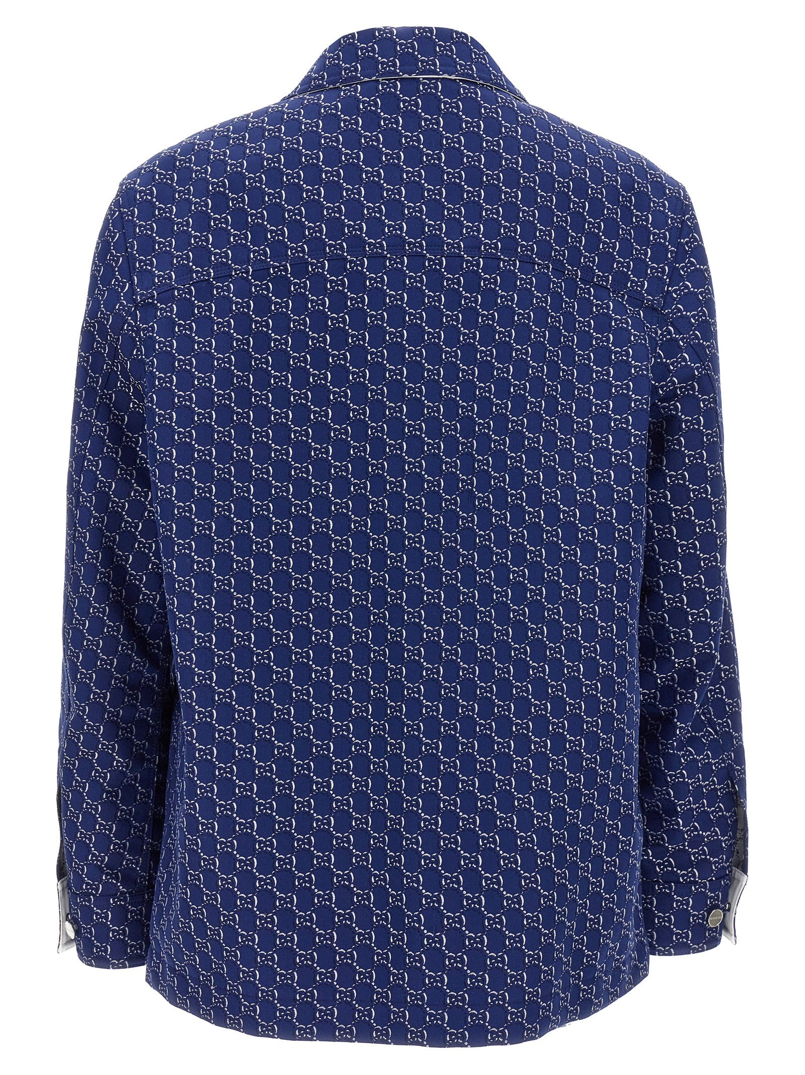 Veste en coton bleu Gucci pour motard, style élégant avec détails modernes, vue frontale sur la veste.