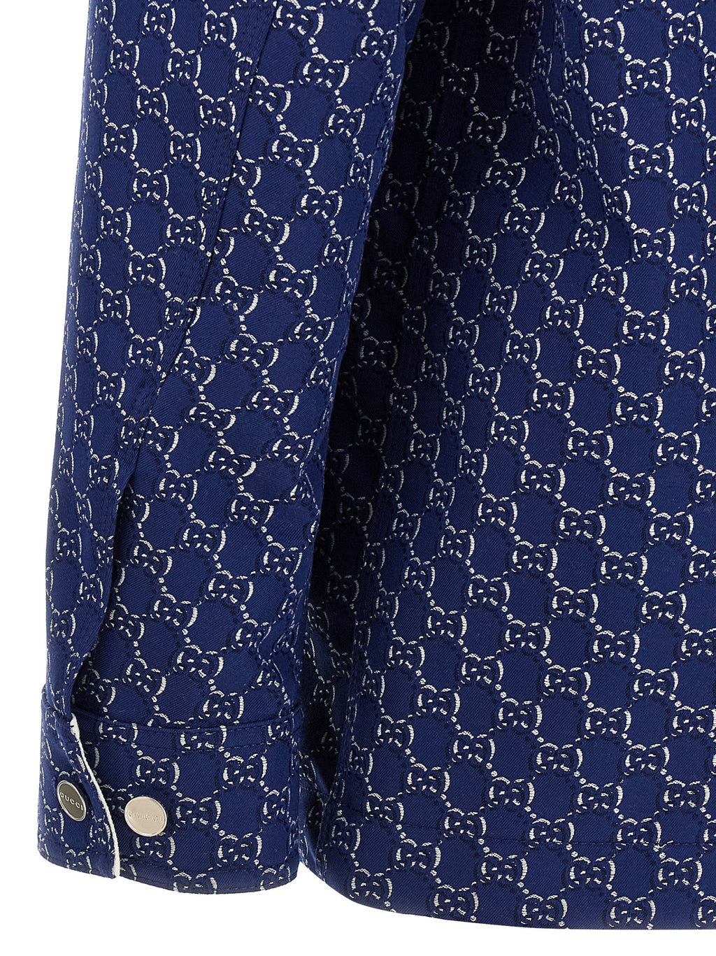 Veste en coton bleue Gucci pour motard, coupe ajustée, avec détails en cuir et fermeture éclair, style élégant et moderne.