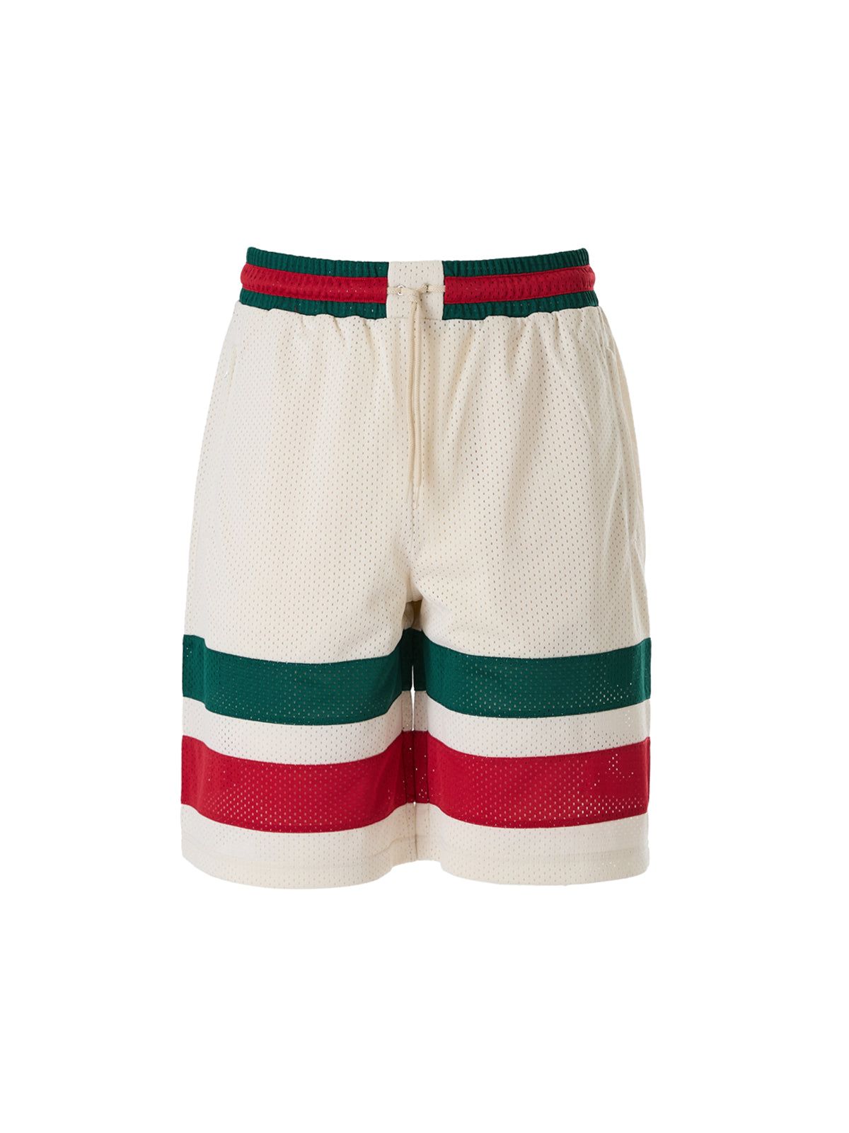 Shorts en polyester crème Gucci avec logo, style décontracté et élégant, visibles en gros plan.