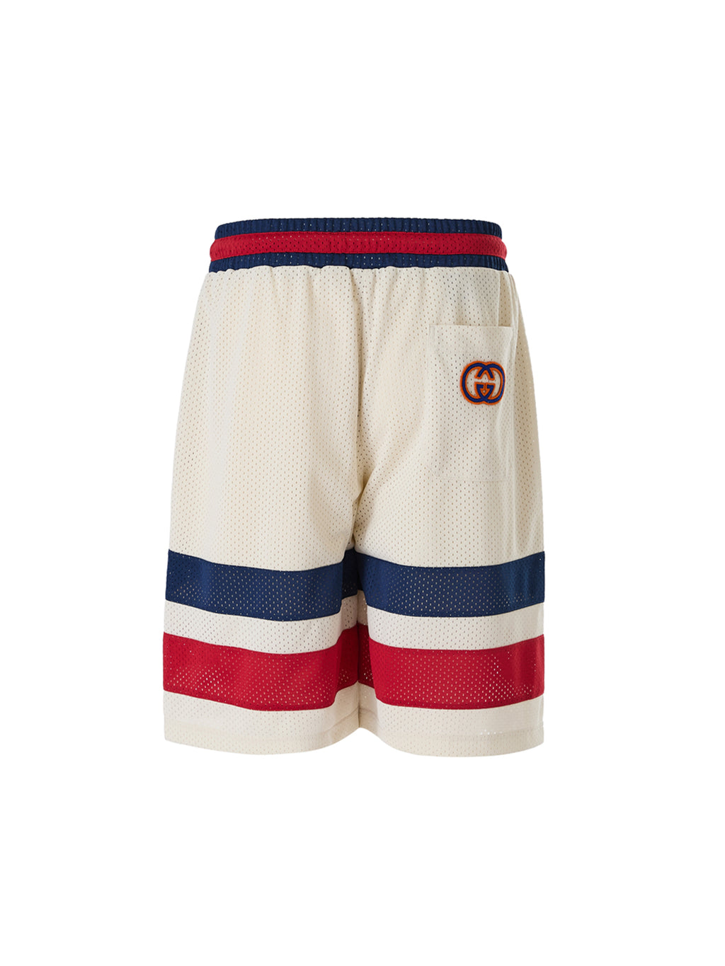 Shorts en polyester crème Gucci avec logo, style décontracté et moderne, visibles dans cette image.
