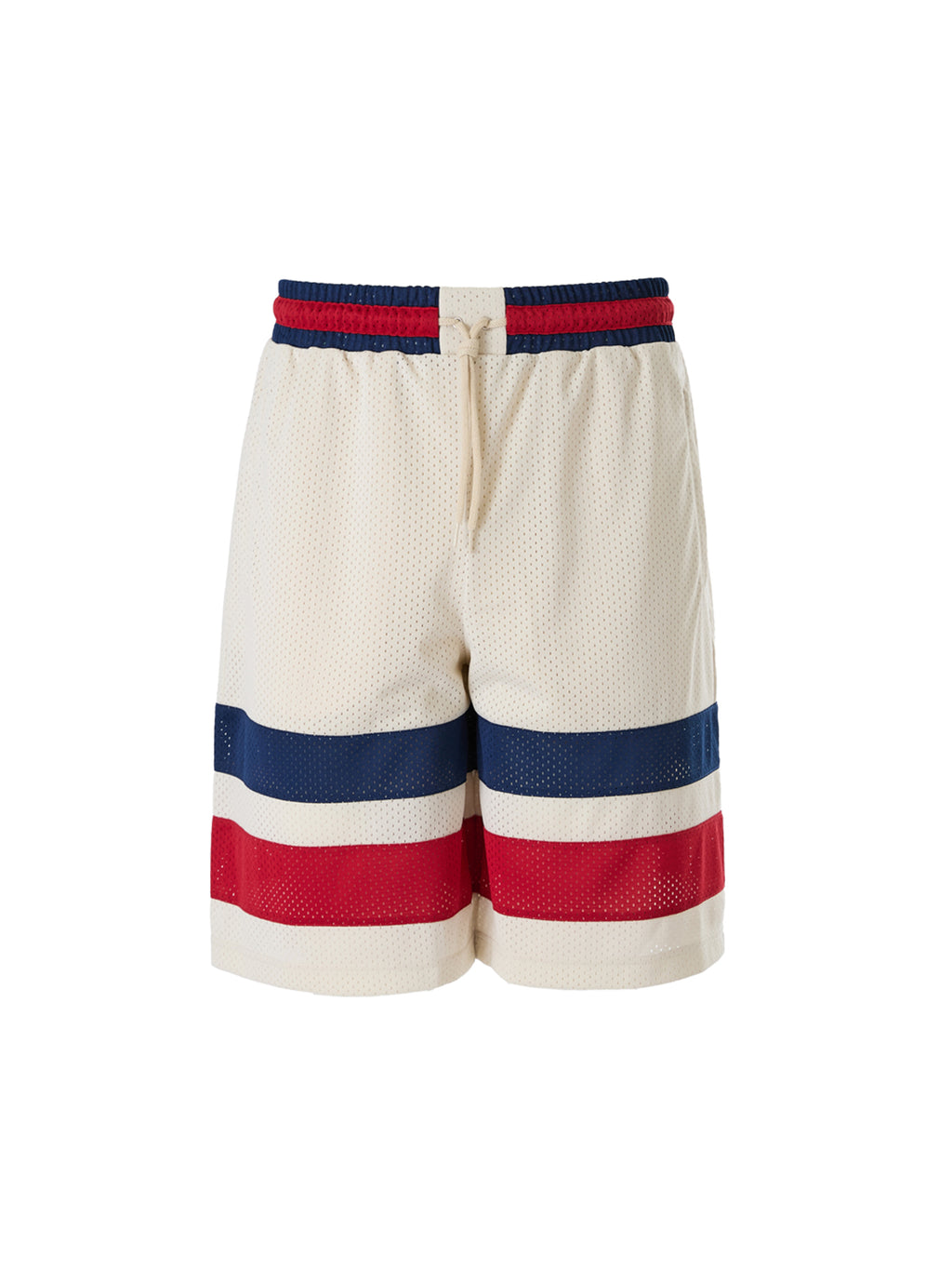Shorts en polyester crème Gucci avec logo, style décontracté et moderne, visibles avec logo Gucci sur le devant.