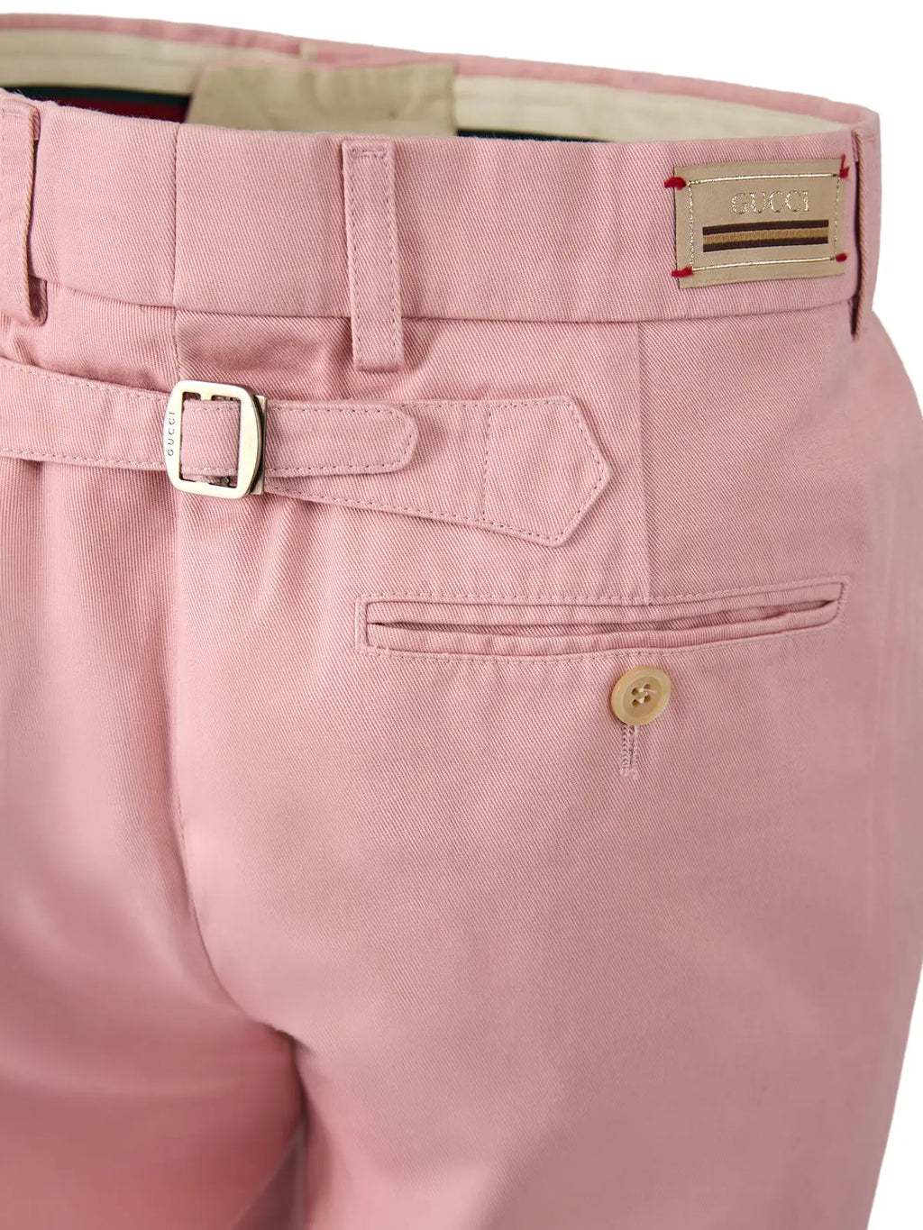 Pantalon gucci en coton rose clair avec boucle argentée et patch en cuir beige au dos