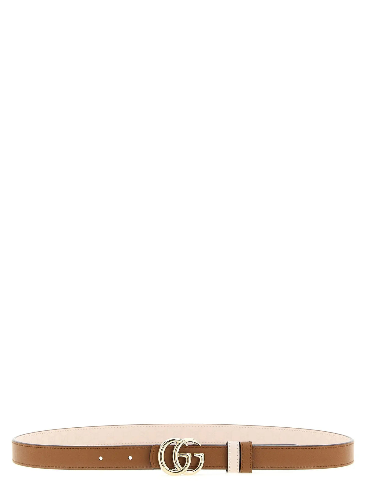 Ceinture fine gucci en cuir de veau marron avec boucle entrelacée gg dorée et surpiqûres blanches