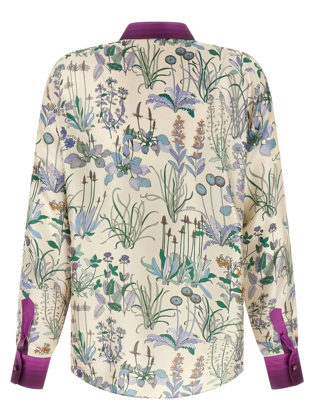Blouse longue manches longues gucci en soie multicolore avec imprimé botanique violet vert crème col et poignets magenta