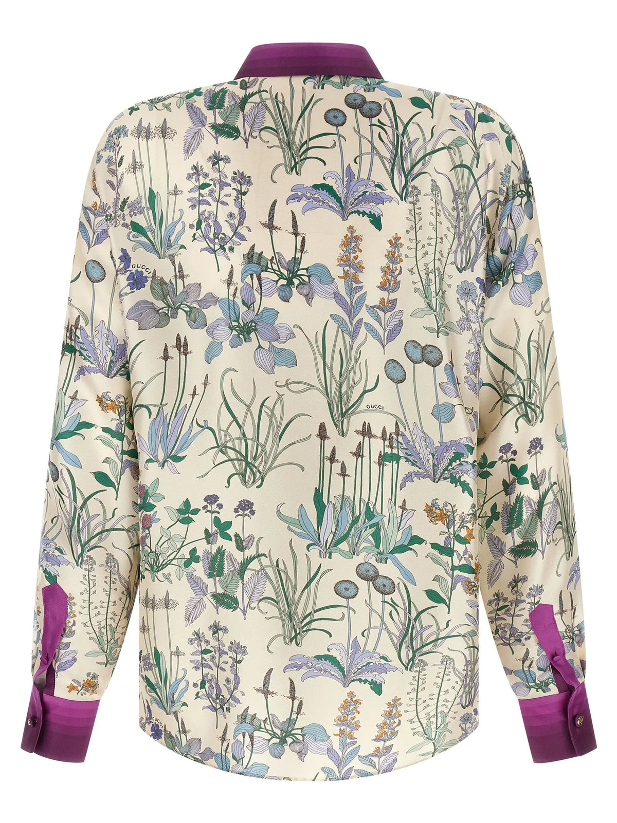 Blouse longue manches longues gucci en soie multicolore avec imprimé botanique violet vert crème col et poignets magenta