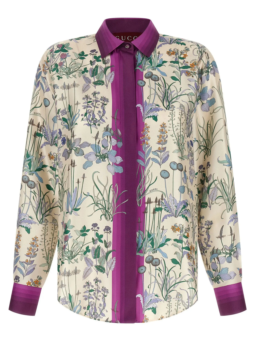 Gucci multicolor blouse pour femme en soie à manches longues avec imprimé botanique violet vert et crème sur fond écru