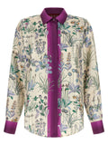 Gucci multicolor blouse pour femme en soie à manches longues avec imprimé botanique violet vert et crème sur fond écru