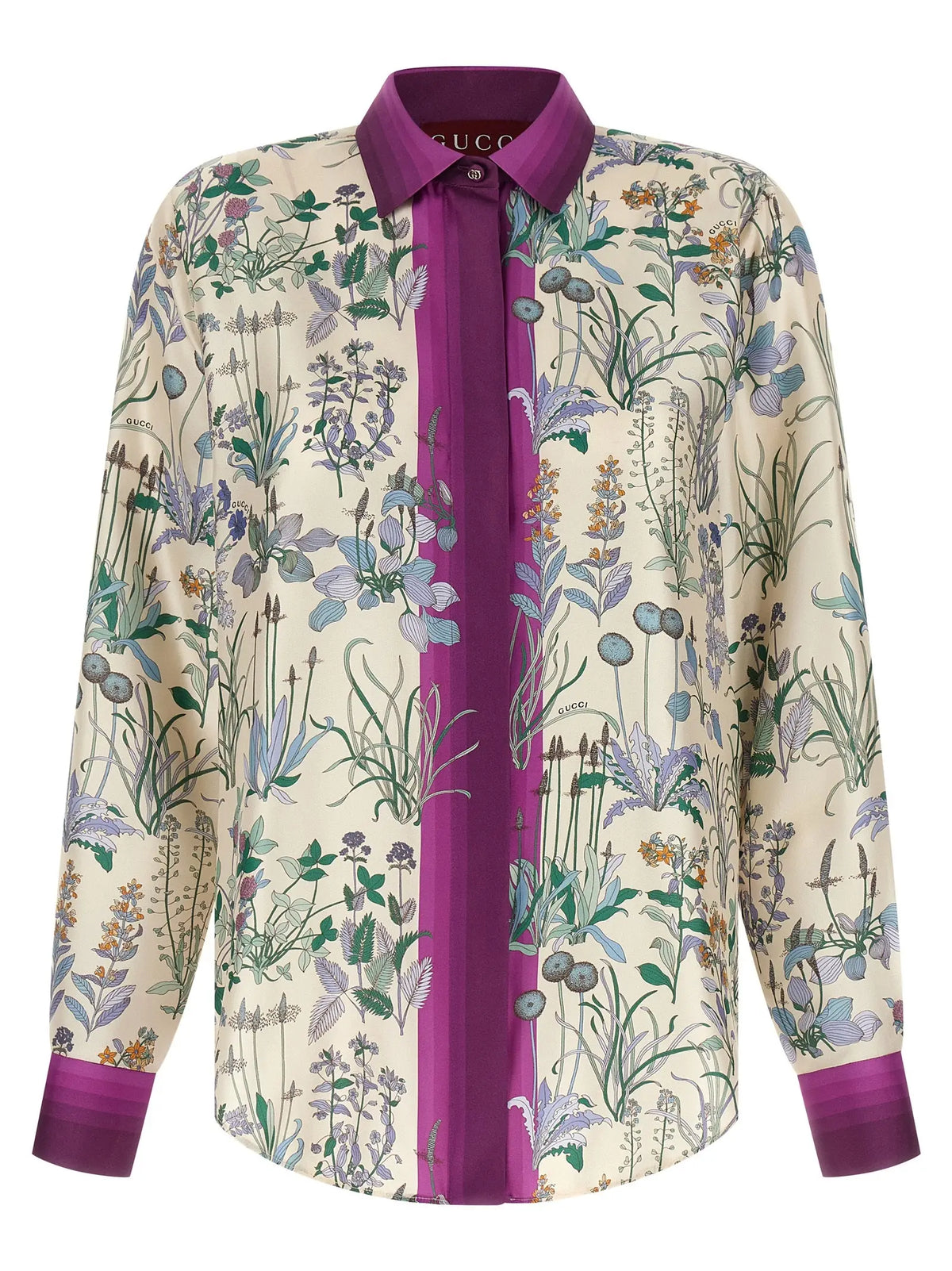 Gucci multicolor blouse pour femme en soie à manches longues avec imprimé botanique violet vert et crème sur fond écru