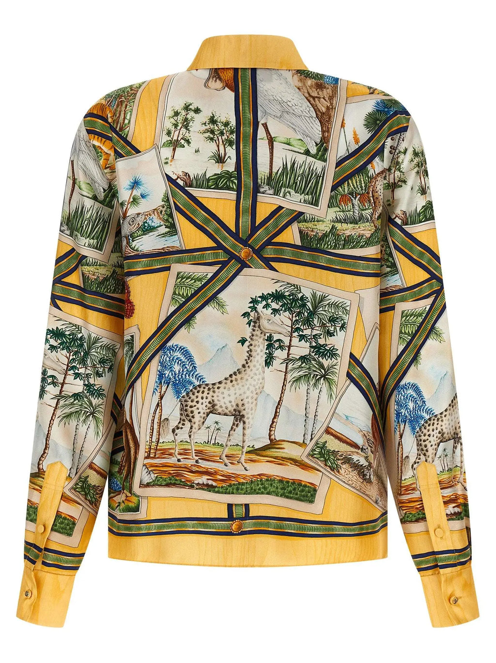 Blouse en soie multicolore gucci avec imprimé collage vibrant de girafes palmiers et paysages tons terreux