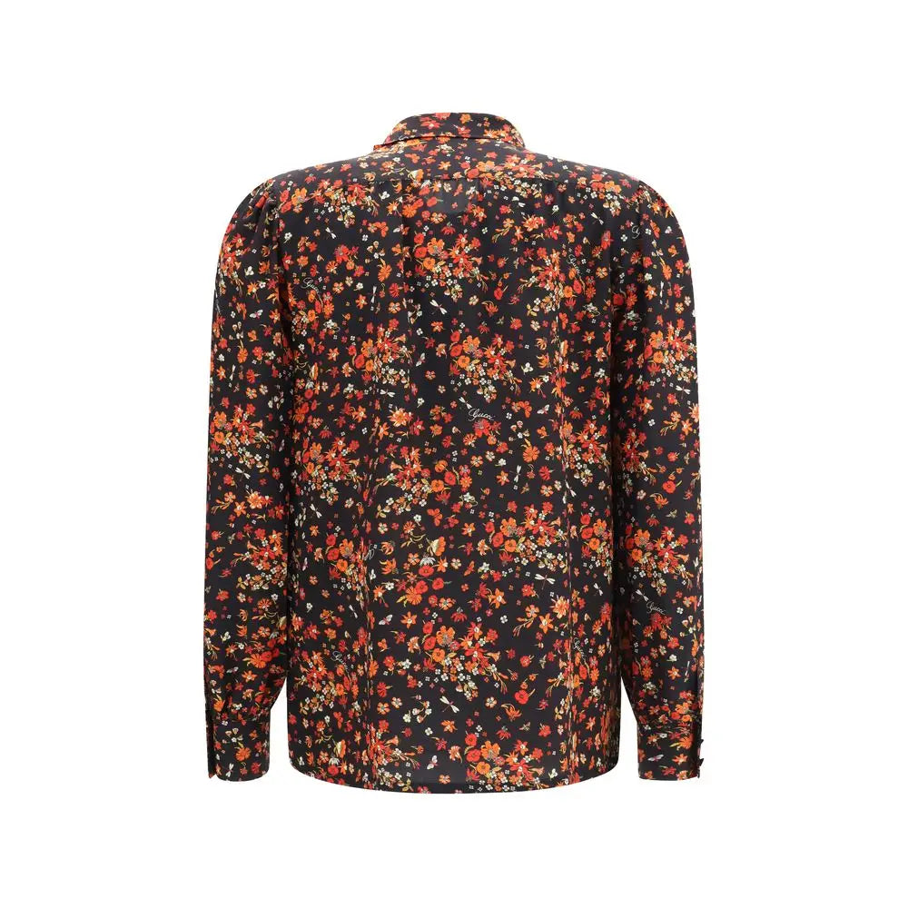 Chemise gucci multicolore en soie noire à manches longues avec motif floral vibrant orange rouge et blanc