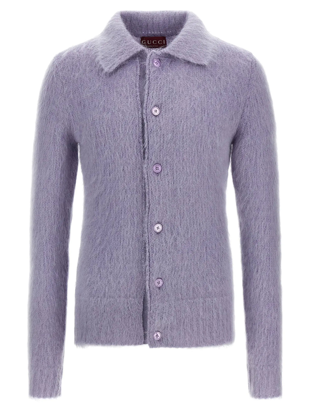 Cardigan gucci violet en laine douce avec col, boutons assortis et tricot texturé pelucheux